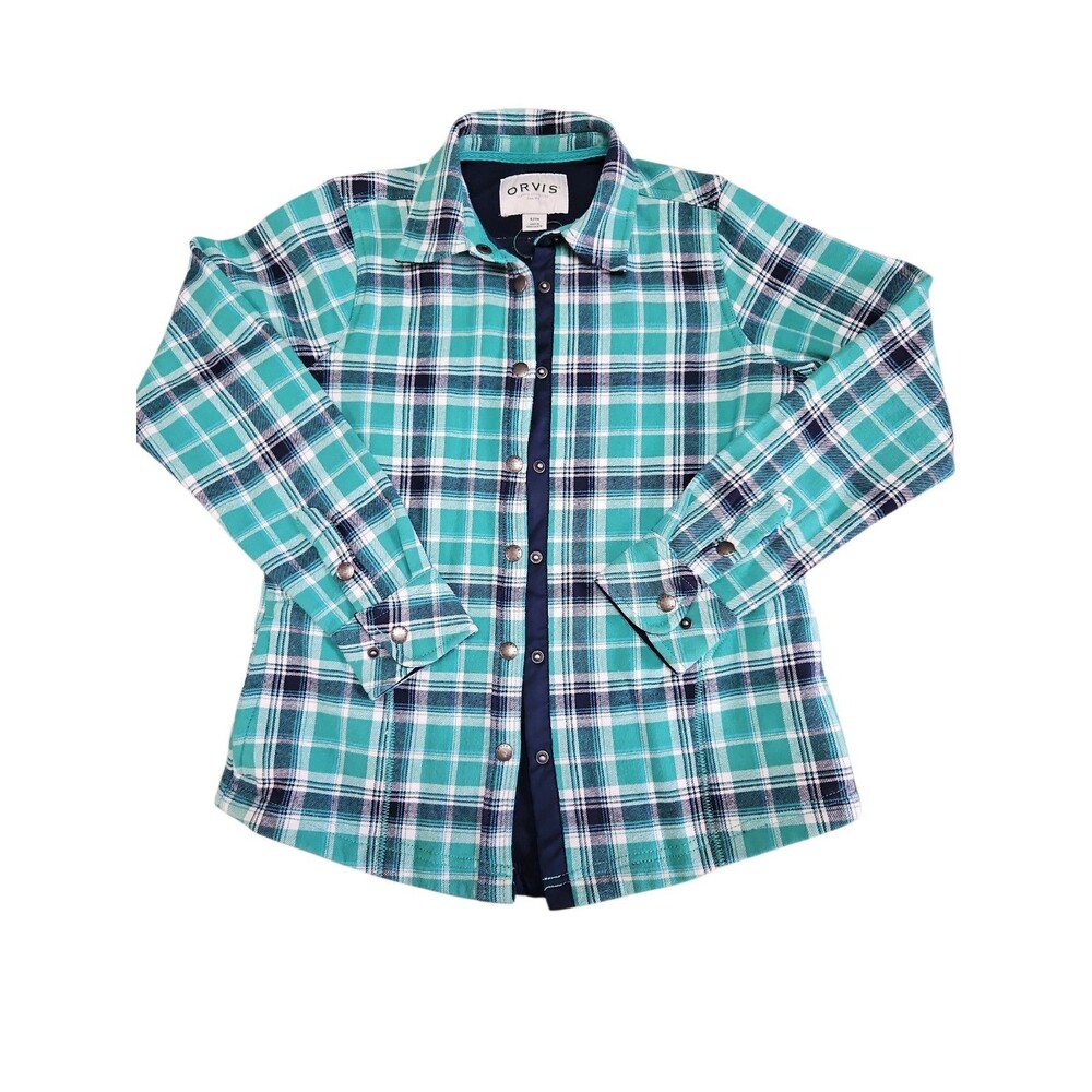 Orvis Plaid Flannel Shacket Womens Size S Green Navy Blue Fleece Lined Shirt New